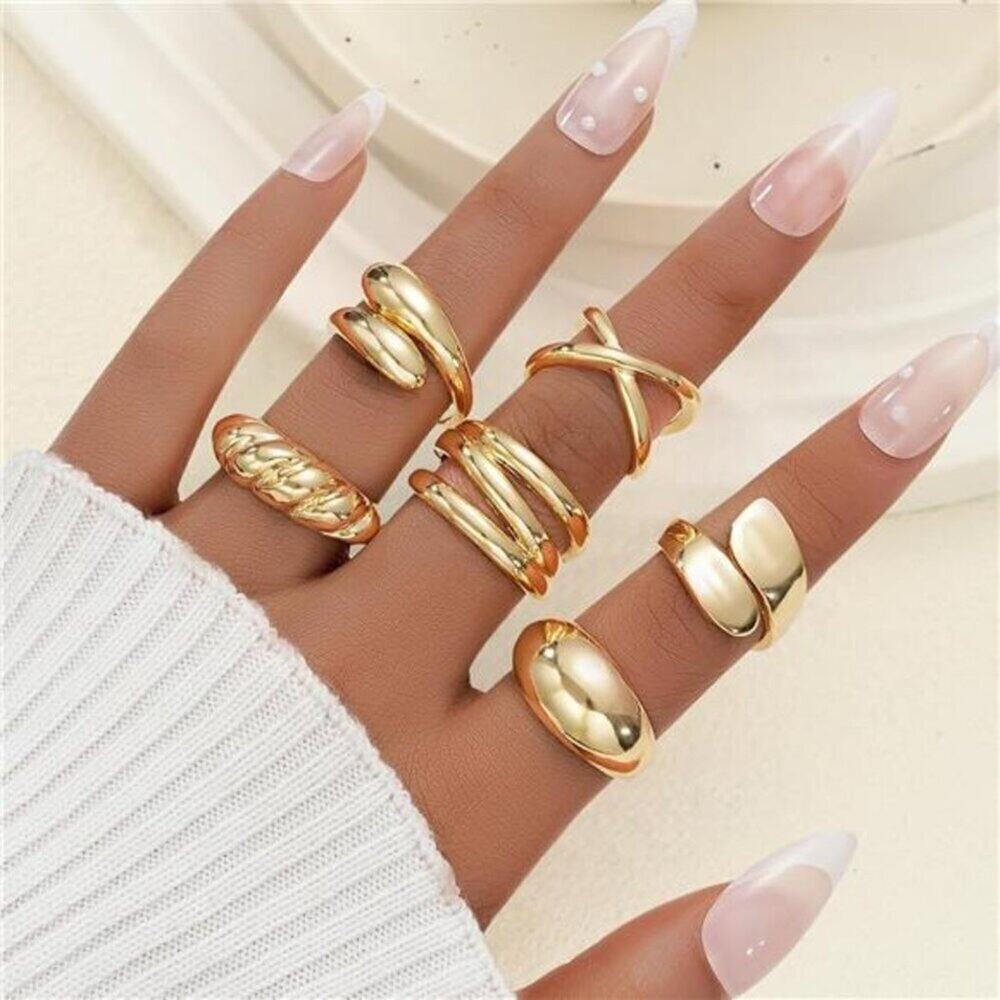 Chunky 18K Gold Rings set 6 pcs for Women Non-Tarnish Stackable Statement Set